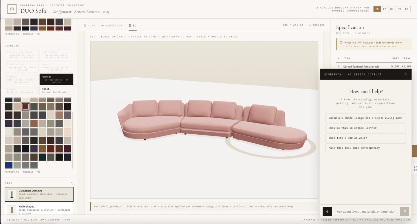 DUO Sofa configurator — 3D composition with AI copilot