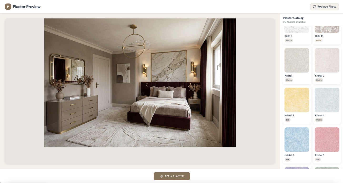 Materials Try-On — plaster preview on a real room photo