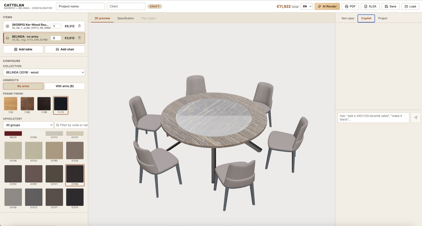 SKORPIO + BELINDA configurator — table and chairs with live spec
