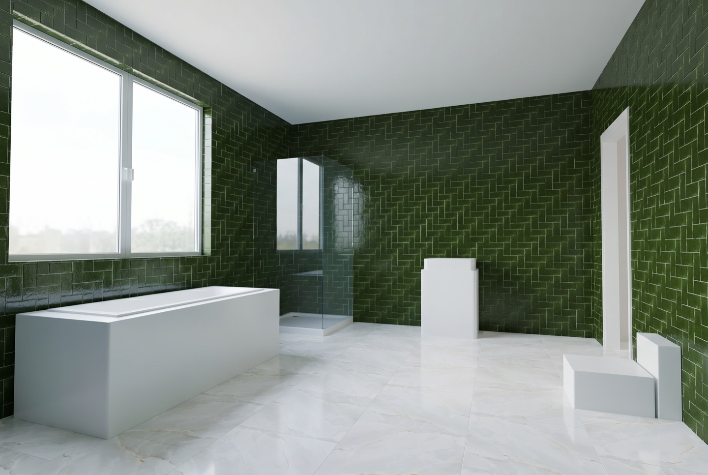 Bathroom & Tiling — AI render of herringbone tiles in a real bathroom